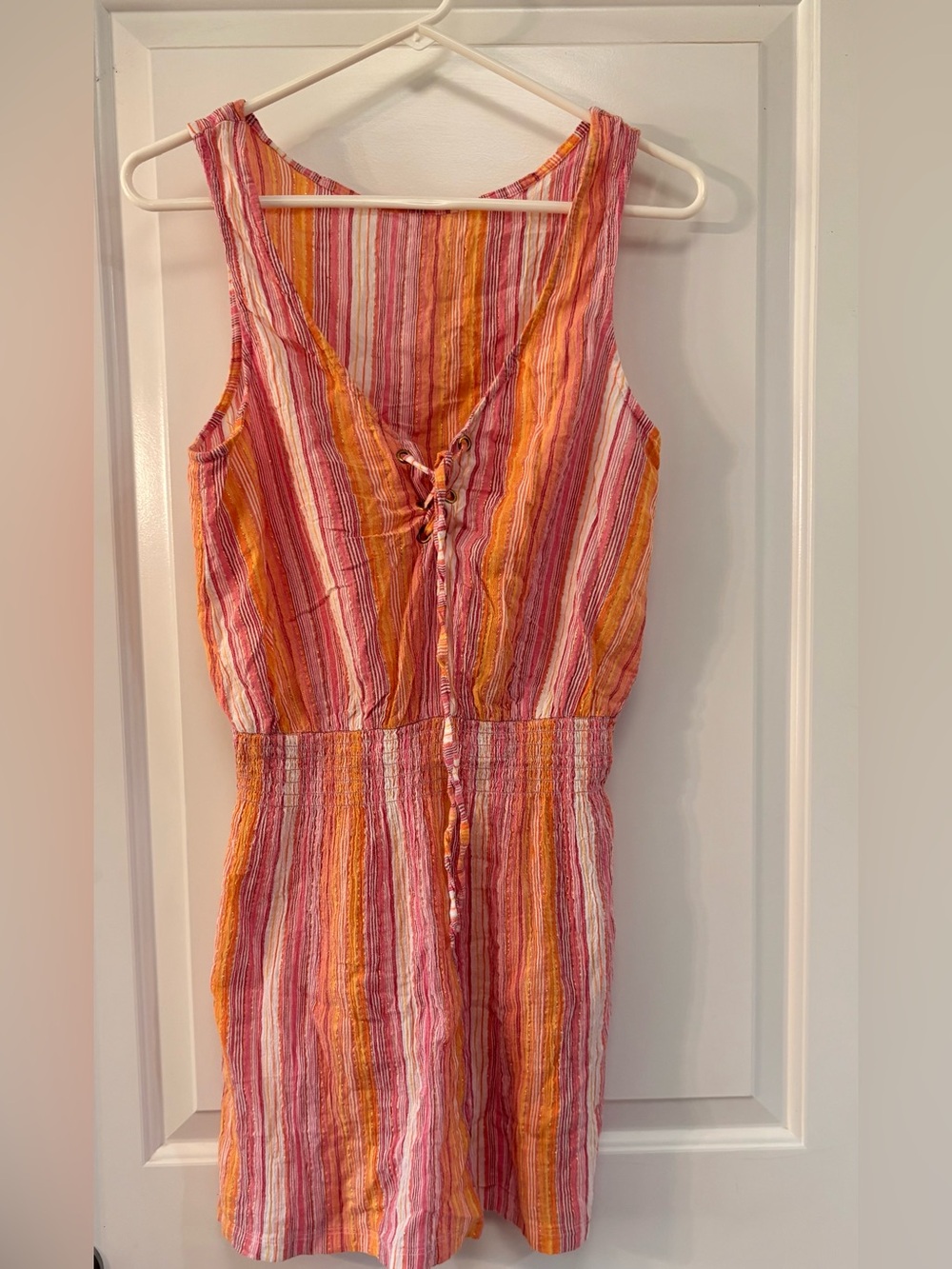 BECCA Pink and Orange Striped Lace-Up Sleeveless Romper NWOT